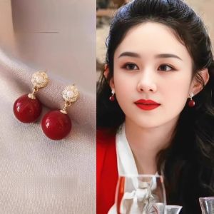 New Year Red Pearl Earrings Womens Pure Silver Luxury Sensation Clip-On No Piercing 2025 New Popular Ear Jewelry Accessories