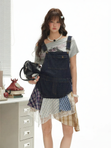 unifree | Summer Loose Layering Plaid and Denim Jumpsuit Dress
