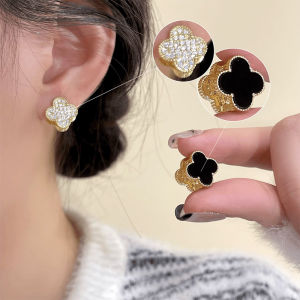 Unique Design Four Leaf Clover Earrings for Women AB Surface Flash Diamond Ear Clips Fashionable Jewelry Ear Decorations