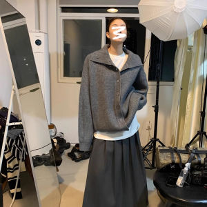 สีเทาเข้ม สูง ปกเสื้อ หนา เสื้อสเวตเตอร์ถัก หลวม Lazy Style Open คาร์ดิเกน ฤดูใบไม้ร่วง ฤดูหนาว สไตล์ใหม่ หลากหลาย แจ๊กเก็ตแขนยาว