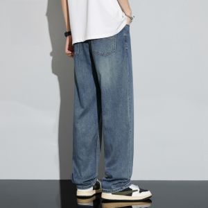 ROMON | Romon Slim Fit Ice Silk Denim Jeans Men Summer Trendy Vintage Straight Leg Loose Wide Leg Long Trousers Youth Popular