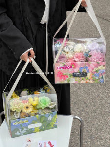 Three Eight Goddess Day Flower Cake Box 4 Inch Rectangular PVC Transparent Handheld Gift Box Floral Display Carry-On Box