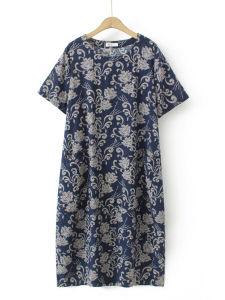 Váy Cotton Lanh Dài Tay Ngắn Che Bụng Cho Phụ Nữ Trung Niên Mùa Hè Dáng Rộng Cổ Tròn Váy Dài Thường Ngày