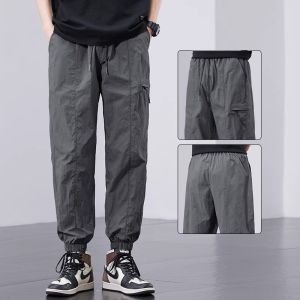 Quick Dry Workwear Pants Men Summer Youth Thin Sports Loose Fit Casual Trousers Fashion Urban Style Nylon Fabric Black Grey White