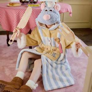 Ratatouille Series Soft Comfortable Coral Fleece Autumn Winter Kawaii Robe Thickened Hooded Nightgown Peripheral Practical Gifts
