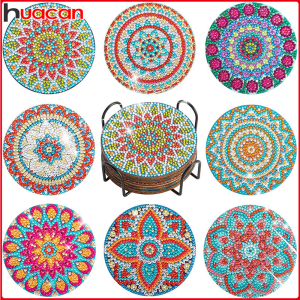 6/8pc/sets DIY Diamond Painting Coasters Full Drill Diamond Mosaic Mandala Round Cup Coasters with Holder