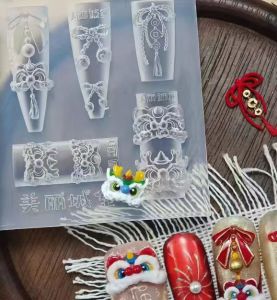 Transparent Silicone Nail Art Mold New Year Lucky Cat Lion Dance Fireworks Fortune Bag Ingots Butterfly Knot 3D Decoration Mold