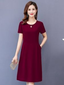 Summer Ice Silk Linen Loose Long Sleeve Womens Dress Elegant Middle-Aged plus Size Fashionable Short Sleeve Button up Midi Dress