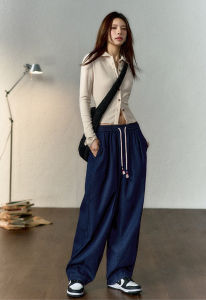 Maden hàng hiệu cho nữ thanh niên hiphop đơn giản 2024 mùa hè lụa lạnh mới jeans Thắt lưng co giãn nhỏ dây rút phong cách quần ống đứng mát mẻ Quần giảm cân