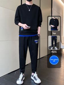ROMON | Romon Mens Casual Sports Set Spring Autumn Style Fake Two-Piece Sweatshirt Trendy Casual Running Fitness Two-Piece Set