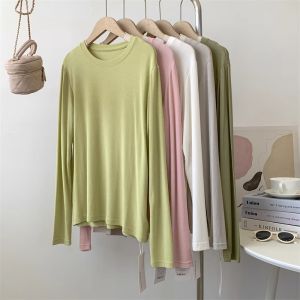 เสื้อยืดคอกลมแขนยาวบางสำหรับผู้หญิง ฤดูใบไม้ร่วง/ฤดูหนาว ชุดเต้นรำ ชุดฝึกซ้อม เสื้อผ้าทำงาน สีสันสดใส ทรงหลวม ปกติ