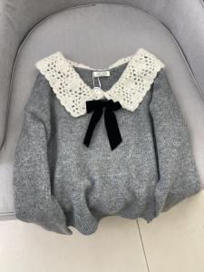 Gray Doll Collar Knitted Sweater Womens Fashion Autumn Winter Miu Style Age Reduction Top Korean Loose Fit Long Sleeve