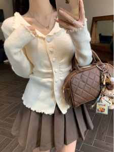 Chic Long Sleeve Knitted Sweater Womens Slim Fit Short Style Turn-down Collar Korean Style Soft And Cozy Spring Autumn Top