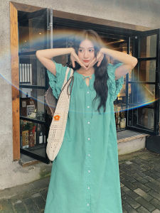 Summer Blue Green Dress Womens French Lazy Style V-neck Bubble Sleeve Beautifully Tied Long Dress Loose Waist Cotton Linen