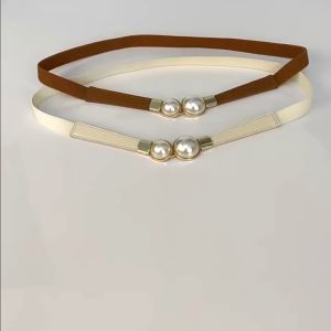 Women Dresses Accessories Waistband Korean Style Fashion Elegant Temperament Vintage Delicated Double Pearl Buckle PU Leather Durable Elastic Belt Casual Versatile Slim Adjustable