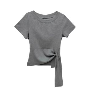 YUEZHONGWEI | Áo thun nữ tay ngắn cổ tròn màu vàng mùa hè thiết kế không đều thắt eo dây Dopaamine phong cách Hàn Quốc dáng ôm vừa vặn