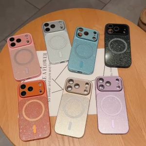 Glitter Grid Magnetic Phone Case For iPhone 17 Air 13 15 14 16 Pro Max For Magsafe Wireless Charge Lens Protect Shockproof Cover