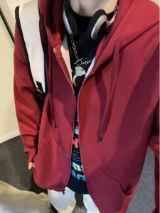 Red Wine Color Heavyweight Zipper Cardigan Sweatshirt Mens Trendy Brand Spring Autumn Oversize American Retro Hooded Jacket