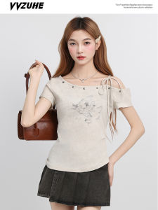 Summer New Style Slim Fit Short Sleeve T-Shirt Butterfly Knot Dyeing Base Top Womens Fashion Commute Style City Walk Shirt