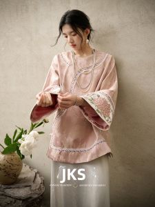 JK＆JS | Silk Rayon Jacquard Embroidered Tang Style Cross Front Shirt