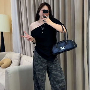 plus Size Womens T-Shirt Shoulder Bared Slim Fit Short Sleeve Asymmetrical Collar Summer New Style Korean Version Creative Pattern