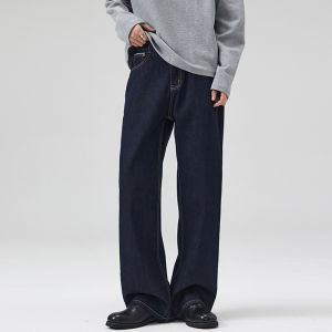 American Retro Cleanfit Wide Leg Denim Jeans Mens Trendy Loose Drape Straight Casual Floor-Length Pants Cotton Polyester Blend