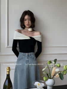dkmelissa | Korean Design Slim Fit One-Shoulder Color Block Knit Top