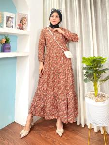 Daster Wanita Lengan Panjang Daster Midi Resleting Depan Daster Susun Dress Lengan Panjang Kekinian