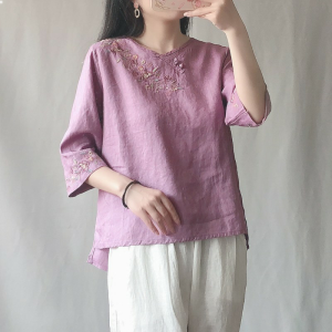 เสื้อยืดคอกลมแขนสั้นผ้าฝ้ายลินินสำหรับผู้หญิง ฤดูใบไม้ผลิและฤดูร้อน ปักลายกระดุมแขน ทรงหลวม สไตล์ลำลอง เสื้อยืดคอกลม