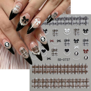 1Pcs 5D Macaron Color Plaid Bow Nail Stickers French Pearl Chain Self-Adhesive Nails Decals Colorful Checkered Manicure Sliders