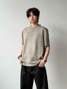 Gray Cotton Short Sleeve Henry Collar T-Shirt Mens Summer Retro American Style Small Collar Vintage Pure Cotton Shirt