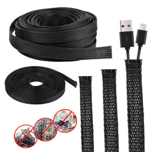 3m/9.85ft PET Expandable Braided Sleeving Flexible Wire Loom Mesh Sleeve Black for TV Audio PC Cords Protect From Pets Chewing
