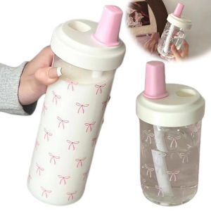 500/700ml Portable Plastic Bowknot Water Cup with StrawCute Coffee Pearl Milk Tea Drink CupLarge Capacity Student Water Bottle