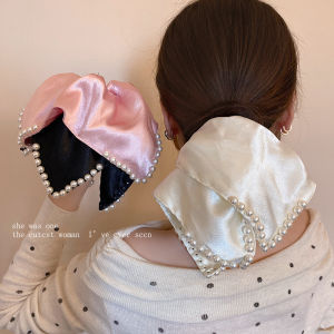 Elegantly Luxurious Silk Satin Pearl Square Scarf Versatile Hair Tying Elastic Bands for Women Adorable Fashionable Hairbands