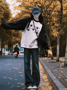 Retro American Cat Shoulder Insertion round Neck Sweatshirt Womens Loose College Style Thin Outerwear Early Autumn New Model