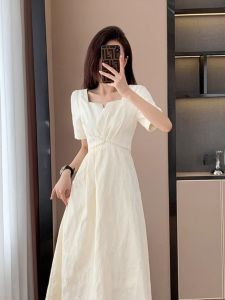 plus Size French White Short Sleeve Dress Women Summer Slimming Waist Cinched Gentle Long Skirt Korean Style A-Line Dress