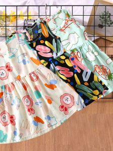 Girls Summer Cotton Silk Vest Dress Cute Little Girl Skirt Cool Style Short Sleeveless Floral Print round Neck Gown for Ages 6-12