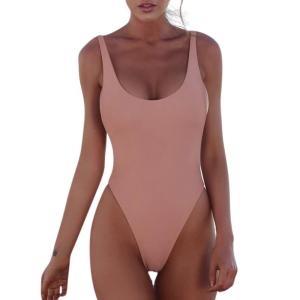 Solid Color High-Waisted One-Piece Swimsuit Womens High Waist Monochromatic Swimwear Short Sleeve round Neck Two-Piece Set