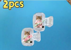 Cute Kitten Toothbrush Head Cover 2pcs Storage Box Portable Bathroom Accessory for Home Business Travel Daily Use Outdoor Trips