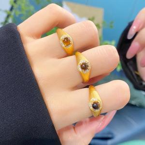Gold Plated Open Ring with Micro-Paved Zircon And Tiger Eye Stone Vintage Court Style Fashion Jewelry for Women