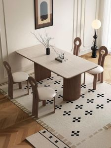 Retro Style Rectangle Wooden Dining Table with Chairs Cave Stone Rock Panel Artistic Home Furniture Long Table for Six People