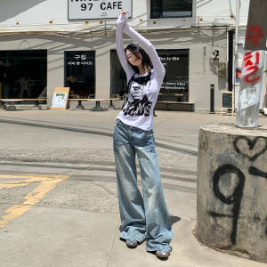 Low Waist Wide Leg Jeans Womens Loose Fit Floor Length Trousers American Retro Washed Denim Pants Casual High Waist Long Pants