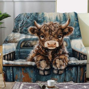 VIKAMA Dễ Thương Bò Flannel Chăn Đầu Gối Cảnh Tuyết Mùa Đông Ấm Áp Gió Nông Thôn Cát Tóc Quà Tặng Giáng Sinh Polyester Mềm Mại Ném Cho Ghế Sofa Phòng Khách Xe Ô Tô Du Lịch