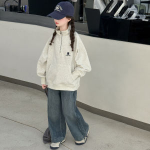 MPW | Girls Spring Autumn Fashionable Two-Piece Set Collared Sweatshirt Denim Pants Comfortable Breathable Moisture-Wicking Cotton Polyester Blend