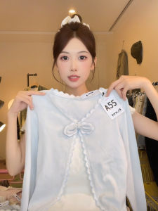 Fresh Splice Fake Two-Piece Overlap Short Womens Miu Series 3D Butterfly Knot Splice Color Block Ruffle V-Neck Long Sleeve T-Shirt