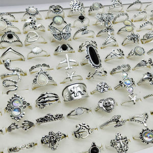 50pcs/Lot Mix Style Vintage Alloy Finger Rings for Women Black Enamel Skull Butterfly Elephant Fake Opal Jewelry Flower Gifts