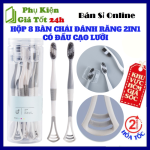 Hộp 8 Bàn Chải Đánh Răng 2in1 Kèm Rơ Lưỡi Tiện Lợi Set 8 Bàn Chải Than Tre Hoạt Tính Lông Mịn Thiết Kế 2 Đầu Đa Năng