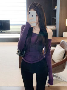 LUOFEN | เสื้อยืดแขนยาวคอตกไหล่สีม่วง