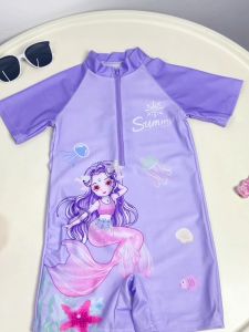 One-piece Rashguard for Girls 3-12Y Cute Pink & Purple Mermaid Design Quick Dry Summer Fashion Swimwear for Kids