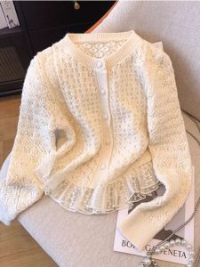 Áo Len Cardigan Dệt Kim Ngắn Ren Đan Cho Nữ Mùa Thu Đông Ngọt Ngào Khoét Lỗ Áo Khoác Ngoài Áo Khoác Cardigan Cổ Tròn Một Nút